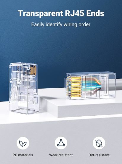 Picture of UGREEN Cat6 RJ45 Modular Plugs (50 Pcs)–Transparent with Gold Contacts