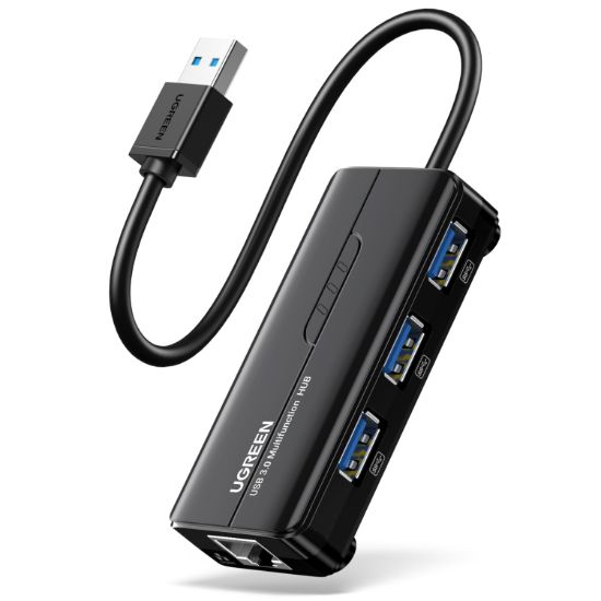 Picture of UGREEN USB Type-A Male to Ethernet Adapter with 3-Port USB Hub – Black