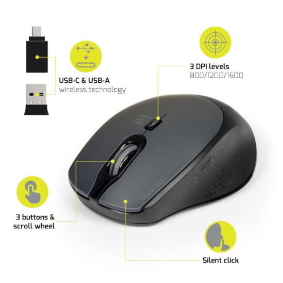 Picture of Port Connect Silent 1600DPI 3 Button Wireless Mouse - Black