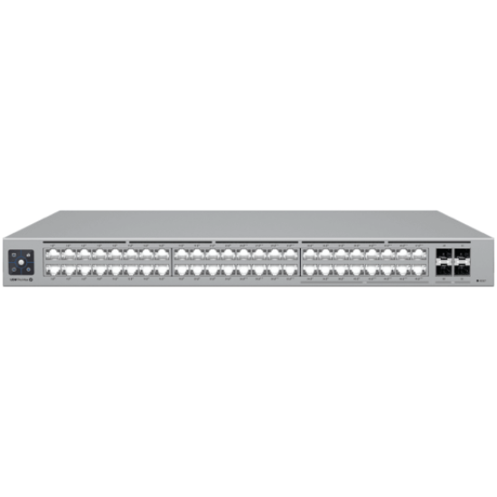 Picture of UBIQUITI Ubiquiti 48-port, Layer 3 Etherlighting switch with 2.5 GbE and PoE++ output, 16x 2.5 GbE ports including (8) PoE+ and (8) PoE++, 32x GbE ports including (24) PoE+ and (8) PoE++, 4x 10G SFP+ ports, DC power backup ready, 720W