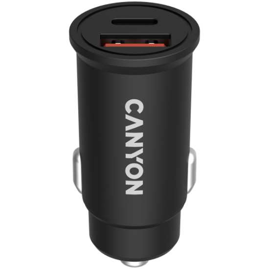 Picture of CANYON CANYON C-20B03, PD 30W/QC3.0 18W Pocket size car charger with 1-USB A+ 1-USB-C Input: DC12V-24V, Output: USBC: PD30W( 5V3A/9V3A/12V2.5A/15V2A/20V1.5A),USB-A:QC3.0 18W (5V3A