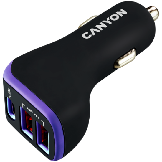 Picture of CANYON CANYON C-08, Universal 3xUSB car adapter, Input 12V-24V, Output DC USB-A 5V/2.4A(Max) + Type-C PD 18W, with Smart IC, Black+Purple with rubber coating, 71*39*26.2mm, 0.028kg