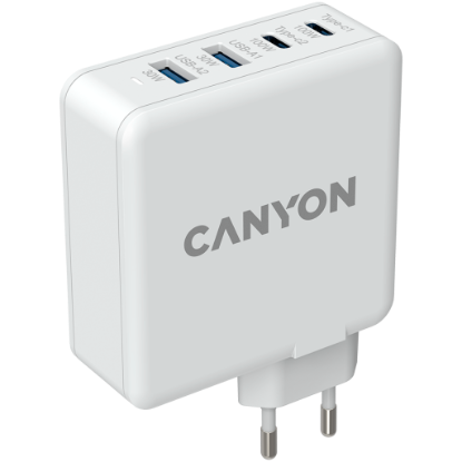 Picture of CANYON CANYON H-100, GAN 100W charger Input:100V-240V Output: USB-C1/C2: 5V 3A, 9V 3A, 12V 3A, 15V 3A, 20V 5A USB-A 1/A2, 4.5V/5A, 5V/4.5A, 9V/3A, 12V/2.5A, 20V/1.5A C1+C2, 65W + 30W, C1+A1, 65W + 30W, C1+A2, 65W + 30W, C1+A1+A2, 65W