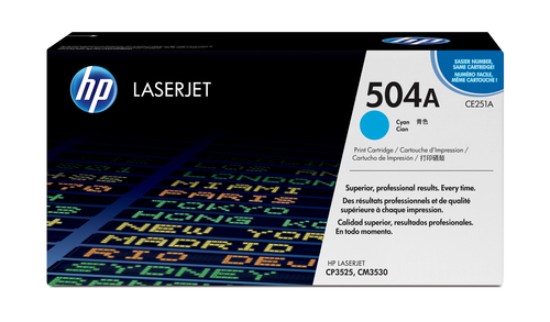 Picture of HP 504A CP3525/CM3530 MFP CYAN PRINT TONER CARTRIDGE PRINTS APPROXIMATELY 7 000 PGS USING ISO/IEC 19798 YIELD STANDARD