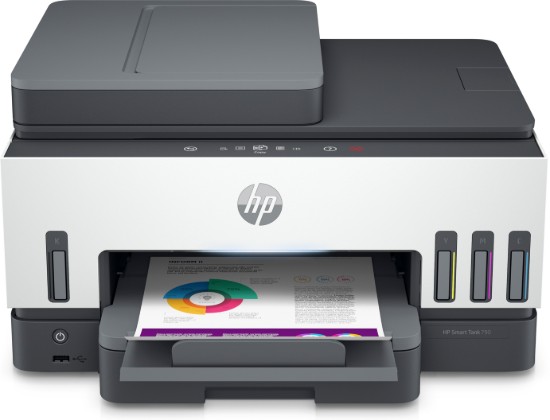 Picture of HP SMART TANK 790-PRINT, SCAN, COPY AND FAX-UP TO:15/9 PPM; AUTOMATIC DUPLE; AUTOMATIC DOCUMENT FEEDER (ADF); 250-SHEETS CLOSE TRAY; 100-SHEET OUTPUT TRAY; DUAL-BAND WI-FI WITH SELF-HEAL; ETHERNET; 2” CONTEXTUAL DISPLAY WITH ID COPY; LOW-ON-INK SENSOR; 30,000 WARRANTY PAGES; 25% RCP; EPEAT; BLUE ANGEL; ENERGY STAR