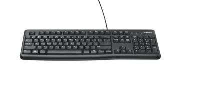 Picture of LOGITECH K120 WIRED KEYBOARD WITH QUITE TYPING AND SPILL RESISTANT - BLACK. FULL-SIZE KEYBOARD WITH QUIET, LOW-PROFILE KEYS. SPILL-RESISTANT DESIGN AND DURABLE CONSTRUCTION FOR LONG-TERM USE. USB CONNECTION SUPPORTS PLUG-AND-PLAY SETUP. ADJUSTABLE TILT LEGS FOR ADDED COMFORT.