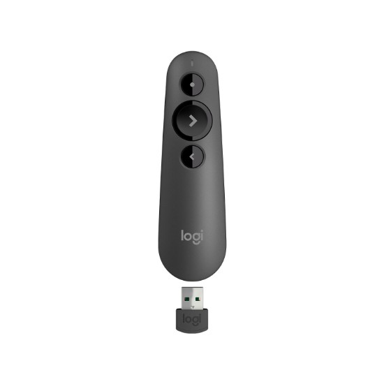 Picture of LOGITECH R500S RED LASER PRESENTATION REMOTE WITH WIRELESS MINI RECEIVER SIMPLE THREE-BUTTON DESIGN WITH RED LASER POINTER. BLUETOOTH OR USB RECEIVER CONNECTION. 20M RANGE AND APP CUSTOMIZATION VIA LOGI OPTIONS+