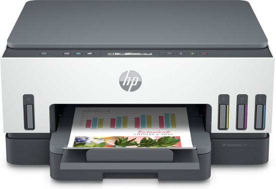 Picture of HP SMART TANK 720 ALL-IN-ONE PRINTER. PRINT, SCAN, COPY, WIRELESS. PRINT TECHNOLOGY: HP THERMAL INKJET. PRINT SPEED BLACK (A4, ISO): UP TO 15 PPM; COLOUR (A4, ISO): UP TO 9 PPM. MONTHLY DUTY CYCLE: UP TO 5,000 PAGES A4. RECOMMENDED MONTHLY PAGE VOLUME: 400 TO 800. DUPLEX PRINTING: AUTOMATIC. SCAN FILE FORMAT: BMP, JPEG, TIFF, PDF, PNG. SCANNER SPECS: SCANNER TYPE: FLATBED ONLY; SCAN INPUT MODES: M