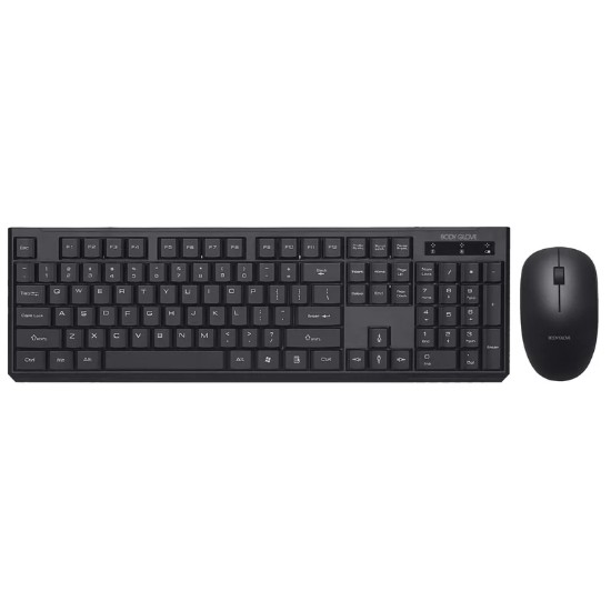 Picture of BODY GLOVE WIRELESS KEYBOARD AND MOUSE  SIMPLY PLUG USB RECEIVER INTO A USB PORT ON YOUR DESKTOP, LAPTOP OR NOTEBOOK COMPUTER TO START USING RIGHT AWAY. SLIM AND ERGONOMIC DESIGN PROVIDES A COMFORTABLE WORKING EXPERIENCE. FEATURES: SLIM PROFILE KEYBOARD. ERGONOMIC MOUSE. BATTERY LED INDICATORS. WARRANTY: 1 YEAR