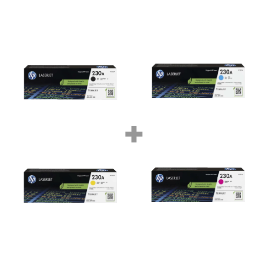 Picture of HP 230A BLACK ORIGINAL LASERJET TONER CARTRIDGE (W2300A)+ HP 230A CYAN ORIGINAL LASERJET TONER CARTRIDGE(W2301A) + HP 230A YELLOW ORIGINAL LASERJET TONER CARTRIDGE (W2302A) + HP 230A MAGENTA ORIGINAL LASERJET TONER CARTRIDGE (W2303A)