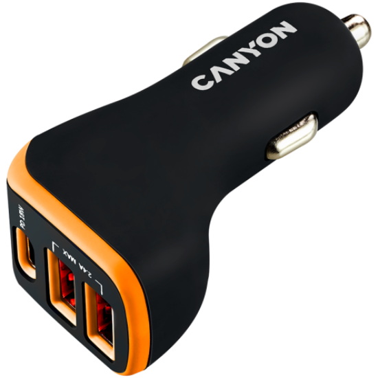 Picture of CANYON CANYON C-08, Universal 3xUSB car adapter, Input 12V-24V, Output DC USB-A 5V/2.4A(Max) + Type-C PD 18W, with Smart IC, Black+Orange with rubber coating, 71*39*26.2mm, 0.028kg