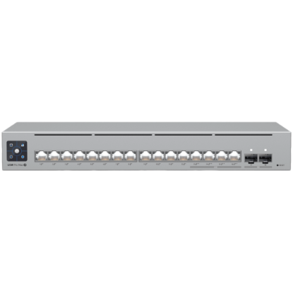 Picture of UBIQUITI Ubiquiti 16-port, Layer 3 Etherlighting switch with 2.5 GbE, PoE++ output, and versatile mounting options, 4x 2.5 GbE PoE++ ports, 12x GbE PoE+ ports, 2x 10G SFP+ ports, 180W total PoE availability