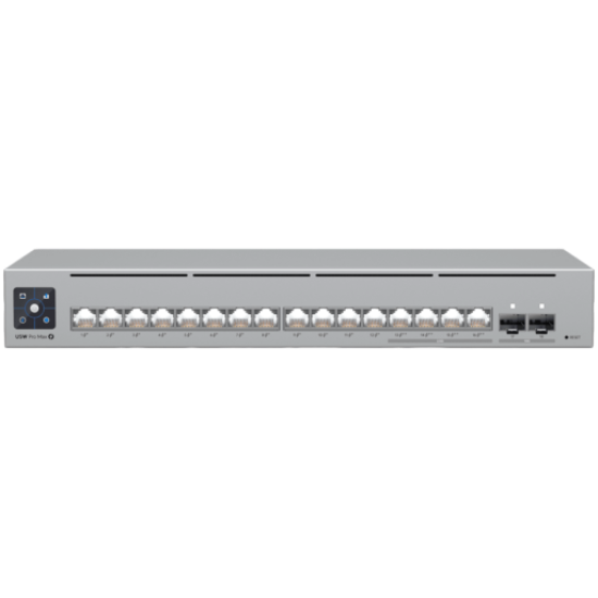 Picture of UBIQUITI Ubiquiti 16-port, Layer 3 Etherlighting switch with 2.5 GbE, PoE++ output, and versatile mounting options, 4x 2.5 GbE PoE++ ports, 12x GbE PoE+ ports, 2x 10G SFP+ ports, 180W total PoE availability